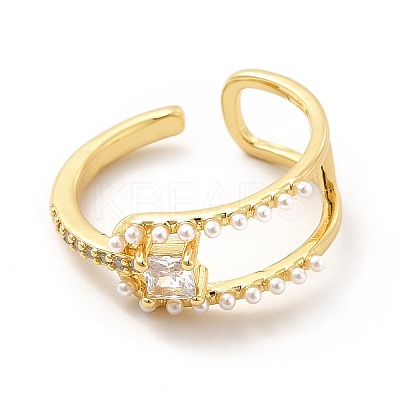 Clear Cubic Zirconia Square Knot Open Cuff Ring with Plastic Pearl Beaded KK-H439-14G-1