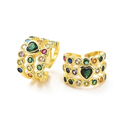 Colorful Cubic Zirconia Heart Open Cuff Ring X-RJEW-C061-03G-1