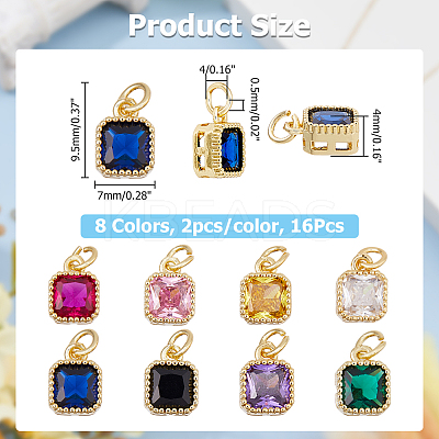 16Pcs 8 Colors Real 18K Gold Plated Brass Inlaid Cubic Zirconia Charms ZIRC-HS0001-05-1