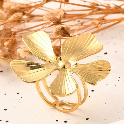 Flower 304 Stainless Steel Open Cuff Ring for Women LS-RJEW-R006-03G-01-1