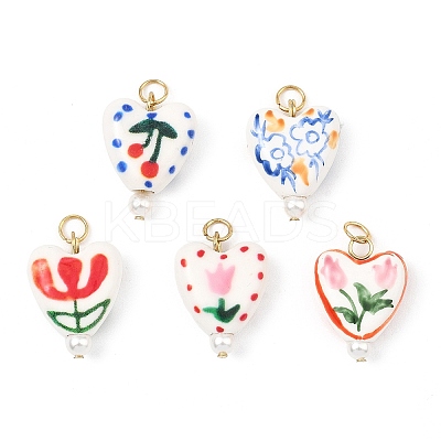 Hand Painted Floral & Cherry Pattern Heart Porcelain Pendants PALLOY-JF05560-1