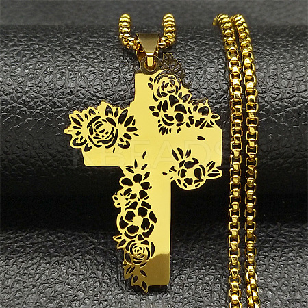 201 Stainless Steel Hollow Rose Cross Pendant Necklaces NJEW-H065-31G-1