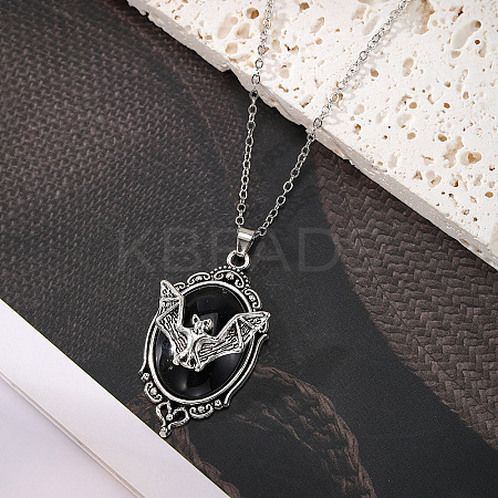 Halloween Alloy Glass Gothic Oval with Bat Pendant Necklaces FS-WG54020-02-1
