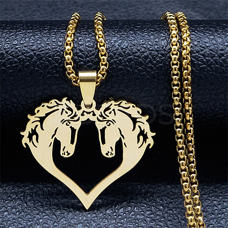 Hip-hop Style 201 Stainless Steel Laser Cut Double Horse Heart Pendant Necklaces FS-WGDE3BC-02-1