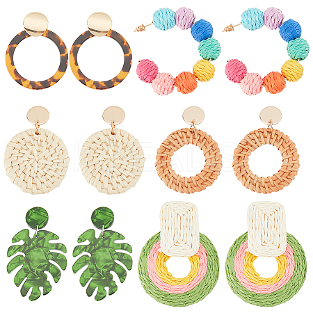 6 Pairs 6 Style Monstera Leaf & Circle Ring Acrylic Stud Earrings with Iron Pins EJEW-AN0001-17-1