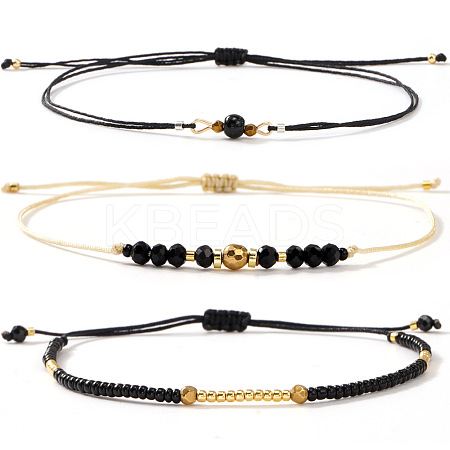 3Pcs Natural Gemstone & Glass Beaded Braided Bead Bracelets WW1419-2-1