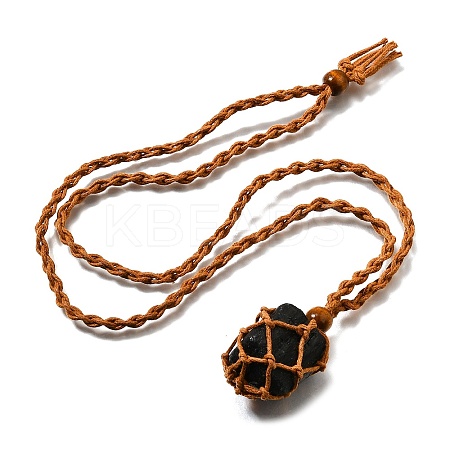 Natural Black Tourmaline Macrame Pouch Adjustable Slider Necklaces NJEW-M090-01-1