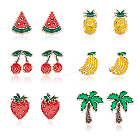 6 Pair 6 Style Watermelon & Cherry & Banana & Tree Enamel Stud Earrings Set EJEW-AN0001-34-1