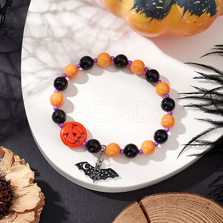 Halloween Theme Baking Paint Glass & Natural Black Onyx(Dyed & Heated) & Synthetic Turquoise Pumpkin Round Beaded Stretch Bracelets BJEW-MZ00188-01-1