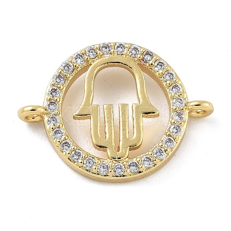 Rack Plating Brass Micro Pave Clear Cubic Zirconia Flat Round with Hamsa Hand Connector Charms KK-A234-039G-1