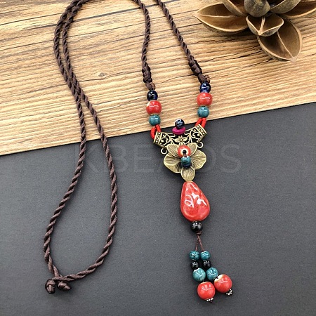 Ethnic Style Flower Alloy & Porcelain Tassel Pendant Long Necklaces for Women FS-WGC9E4C-05-1