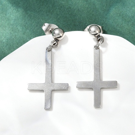 Christian Upside Down Cross 201 Stainless Steel Dangle Stud Earrings EJEW-P314-01A-P-1