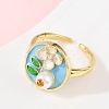 Brass Sky Blue Enamel Flower Cuff Rings RJEW-C139-17A-G-3