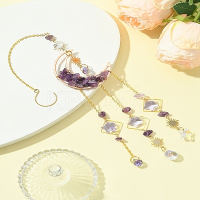 Natural Amethyst Chips Moon Pendant Decorations HJEW-FS00027-05-1