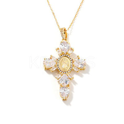 Brass Pave Cubic Zirconia Virgin Mary Cross Pendant Necklaces LS-FU1040-3-1