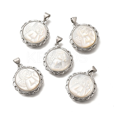 Brass Pave Natural White Shell Carved Angel Pendants KK-Z091-03P-1