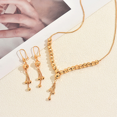 Vintage Brass Round Beaded Tassel Necklace & Earrings for Women KK0094-1