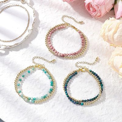 3Pcs Natural Rhodonite & Chrysocolla & Lapis Lazuli &  Dyed Hemimorphite Round Beadeds Double-layered Bracelets for Women BJEW-JB12095-1