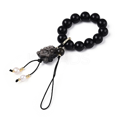 Natural Silver Obsidian & Obsidian & Natural Pearl & Brass for Mobile Phone Straps HJEW-N003-01-1