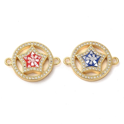 Rack Plating Brass Micro Pave Clear Cubic Zirconia Ring with Star Links Connector Charms KK-K385-086G-1