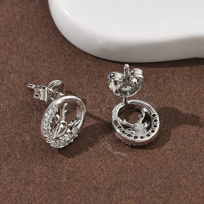 Flat Round with Deer Brass Micro Pave Clear Cubic Zirconia Stud Earrings EJEW-F383-11P-1