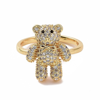 Cubic Zirconia Bear Open Cuff Ring RJEW-P083-01G-02-1