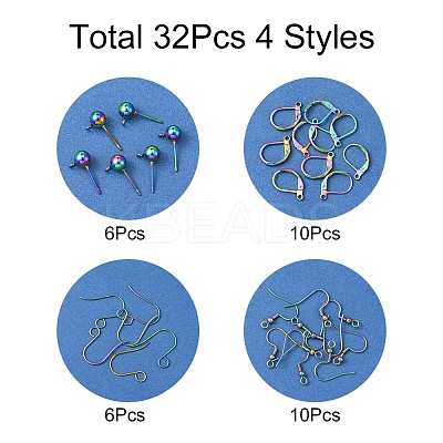 32Pcs 4 Styles Stainless Steel French Earring Hooks & Leverback Earring Findings & Ball Stud Earring Post & Earring Hooks Findings Kits STAS-FS0001-62-1