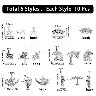 60Pcs 6 Style Independence Day Theme Tibetan Style Zinc Alloy Pendants TIBEP-SC0002-05-1