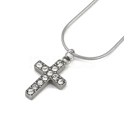 304 Stainless Steel Crystal Rhinestone Cross Pendant Round Snake Chain Necklaces for Women NJEW-Z044-05P-1