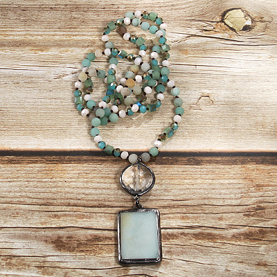 Rectangle & Flat Round Bohemian Style Natural Amazonite with Glass Pendant Necklaces FS-WGEA5B3-03-1