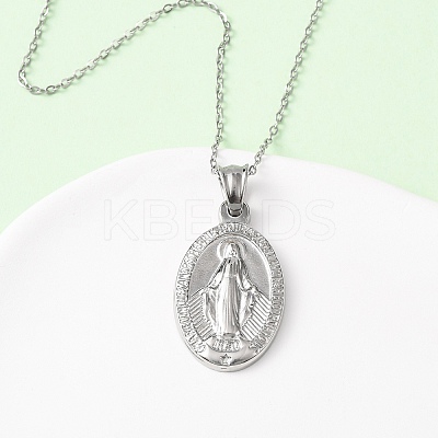 304 Stainless Steel Oval with Virgin Mary Pendant Necklaces for Women NJEW-B149-02P-1
