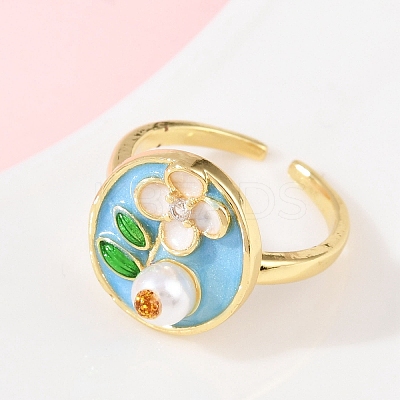 Brass Sky Blue Enamel Flower Cuff Rings RJEW-C139-17A-G-1