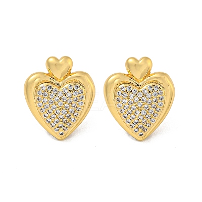 Heart Brass Pave Clear Cubic Zirconia Stud Earrings for Women EJEW-N054-39G-1