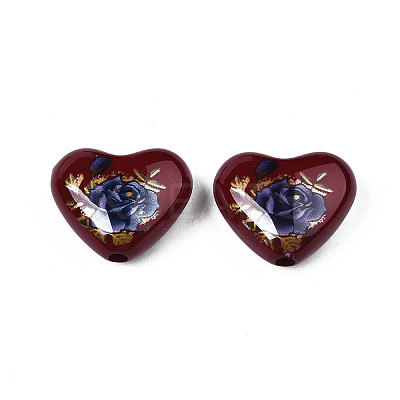 Flower Printed Opaque Acrylic Heart Beads SACR-S305-28-L01-1
