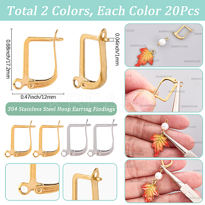 40Pcs 2 Colors 304 Stainless Steel Hoop Earring Findings STAS-SC0010-44-1