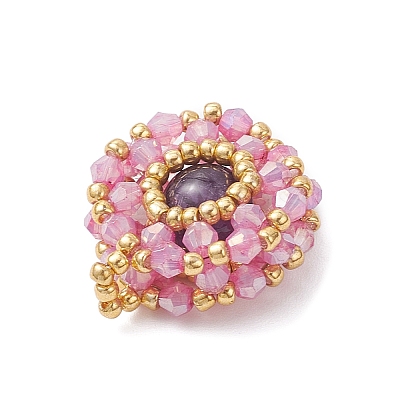 Natural Amethyst & Glass Seed Beaded Flat Round Pendants PALLOY-MZ00950-03-1