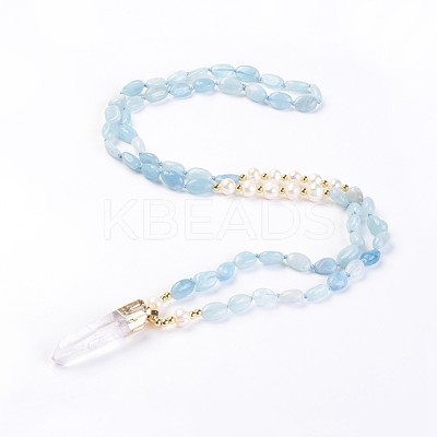 Natural Aquamarine and Natural Quartz Crystal Pendant Necklaces NJEW-I220-07-1
