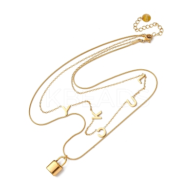 304 Stainless Steel Luck Lock Pendant Double Layer Necklaces for Women NJEW-F346-08G-1
