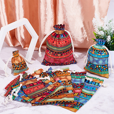 12Pcs 12 Styles Bohemian Rectangle Geometric Print Linenette Drawstring Bags ABAG-NB0001-89-1