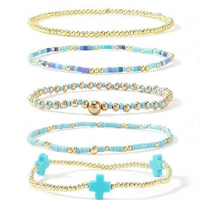 5Pcs 5 Styles Handmade Brass & Glass Beads Stretch Bracelet Set OI0028-7-1
