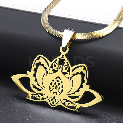 201 Stainless Steel Chakra Lotus Flower Hollow Pendant Necklaces NJEW-K283-29G-1