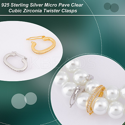 2Pcs 2 Colors Rhodium Plated 925 Sterling Silver Micro Pave Clear Cubic Zirconia Twister Clasps FIND-PH0018-35A-1