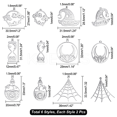 12Pcs 6 Style 201 Stainless Steel Pendants STAS-CA0001-38-1