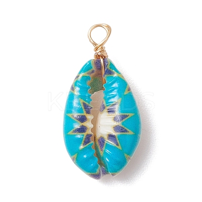 Printed Natural Cowrie Shell Pendants PALLOY-JF03991-1