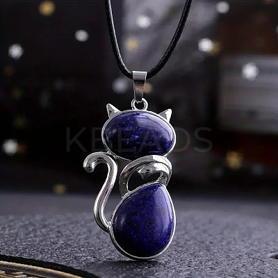 Alloy Pave Natural Lapis Lazuli Cat Shaped Pendant Necklaces FS-WG6CBFA-03-1