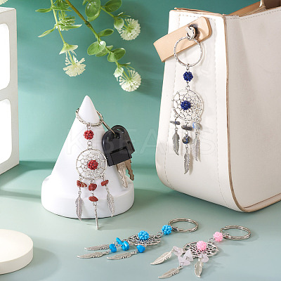 10Pcs 5 Styles Woven Web with Feather Alloy & Natural Mixed Stone & Glass Seed Keychains KEYC-TA0001-53-1