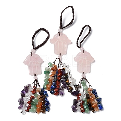 Hamsa Hand/Hand of Miriam Natural Rose Quartz Pendant Decorations HJEW-R127-02A-1