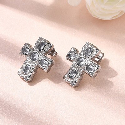 6 Pairs 304 Stainless Steel Cubic Zirconia Cross Stud Earrings EJEW-P330-01P-1