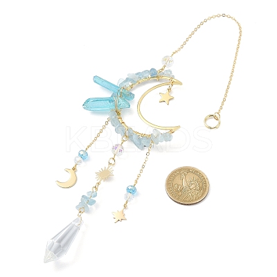 Natural Aquamarine Chips & Brass Moon Pendant Decorations HJEW-TA00066-04-1