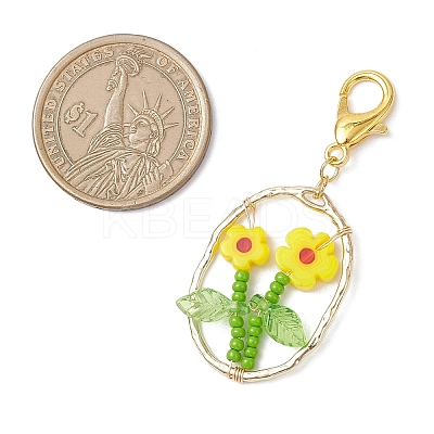 Oval with Flower Glass Seed Bead & Lampwork & Alloy Pendant Decoraitons HJEW-MZ00351-03-1